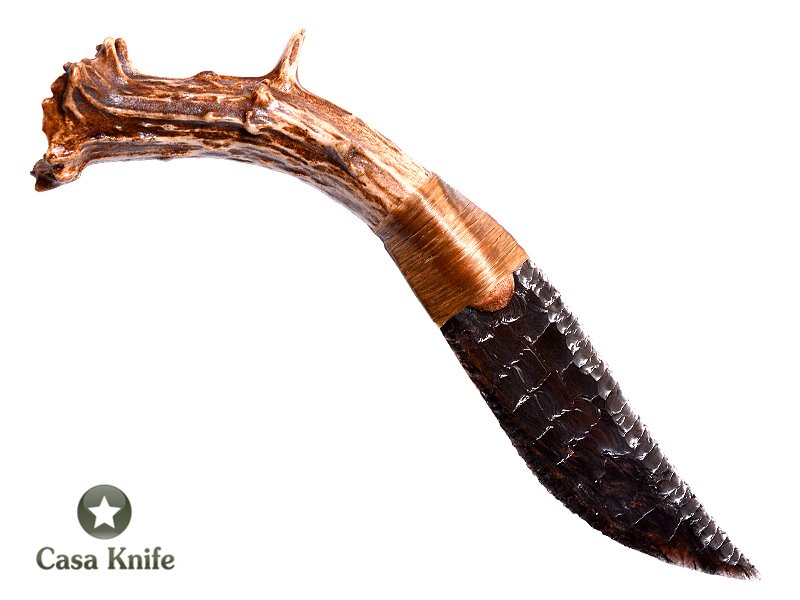 Faca para colecionador em Obsidiana Negra com empunhadura em chifre de cervo,15 cm