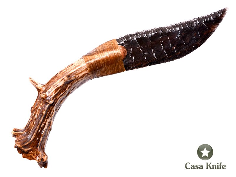 Faca para colecionador em Obsidiana Negra com empunhadura em chifre de cervo 23 cm