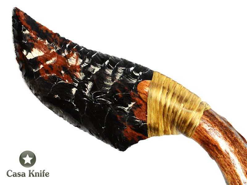 Faca para colecionador em Obsidiana com empunhadura em chifre de cervo, 20 cm