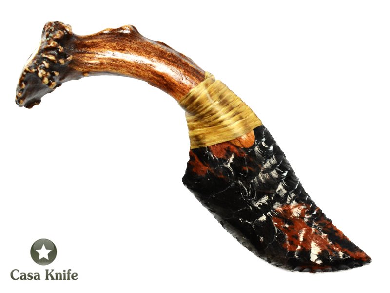 Faca para colecionador em Obsidiana com empunhadura em chifre de cervo, 20 cm