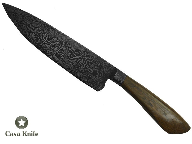 Monte Cristo faca para colecionador forjado em aço damasco. Empunhadura em Nogueira, 25 cm