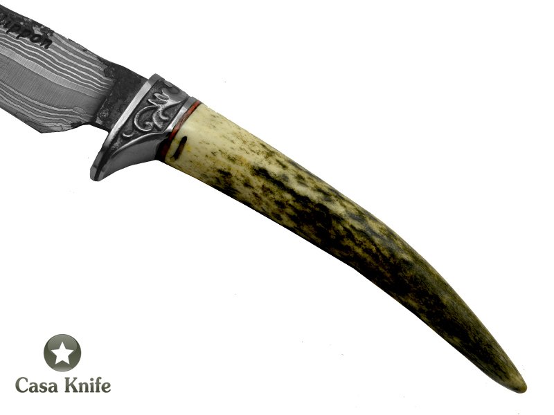Adelar Filippon faca para colecionador forjado em aço damasco linear. Empunhadura em Chifre de Cervo, 27 cm