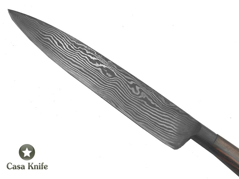 Monte Cristo faca para colecionador forjado em damasco integral linear. Empunhadura em Jacaranda Bahia, 33 cm