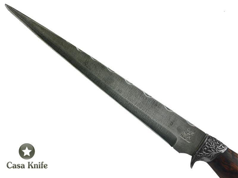 Faca Sangradeira Montecristo para colecionador em aço 5160. Empunhadura em Jacarandá Bahia estabilizada, 43 cm