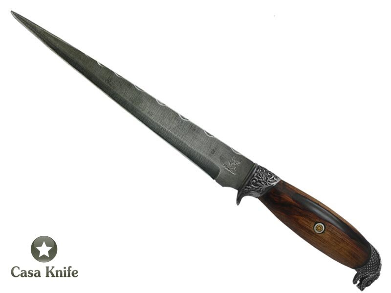 Faca Sangradeira Montecristo para colecionador em aço 5160. Empunhadura em Jacarandá Bahia estabilizada, 43 cm