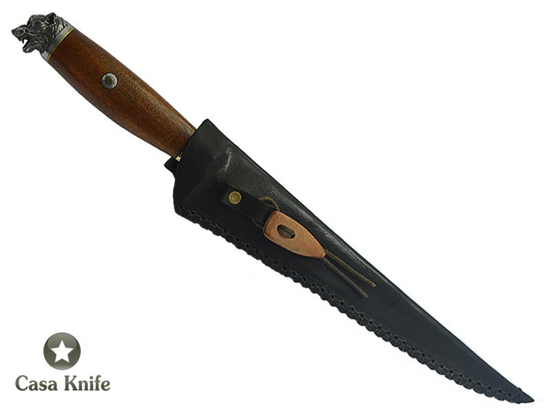 Faca Sangradeira Montecristo para colecionador em aço damasco. Empunhadura em madeira sucupira, 41 cm