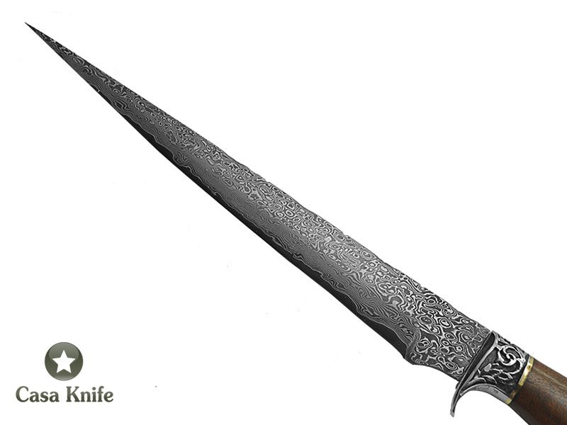 Faca Sangradeira Montecristo para colecionador em aço damasco. Empunhadura em madeira sucupira, 41 cm