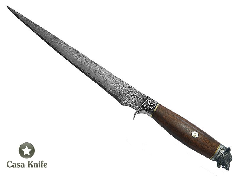 Faca Sangradeira Montecristo para colecionador em aço damasco. Empunhadura em madeira sucupira, 41 cm