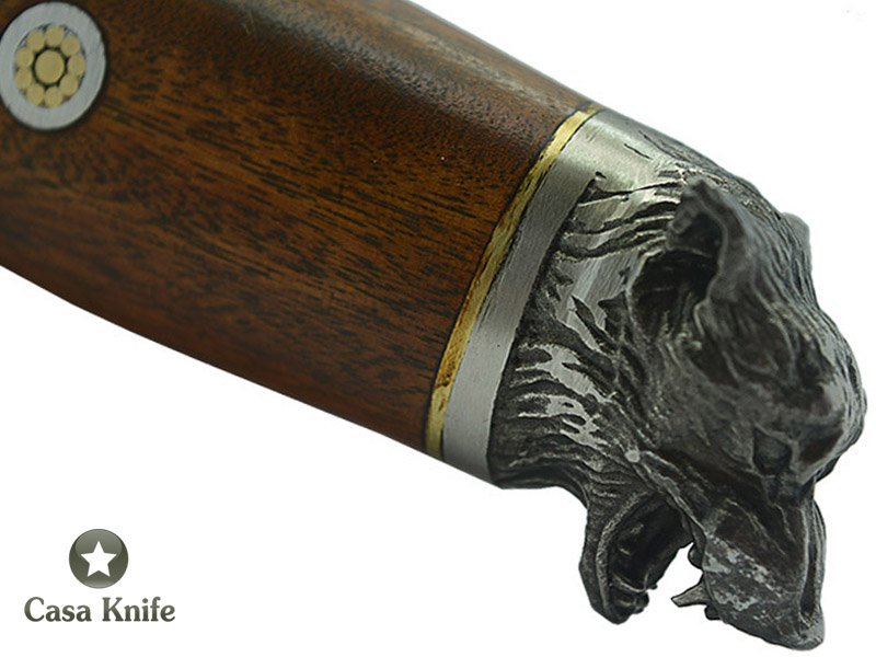 Faca Sangradeira Montecristo para colecionador em aço damasco. Empunhadura em madeira sucupira, 41 cm
