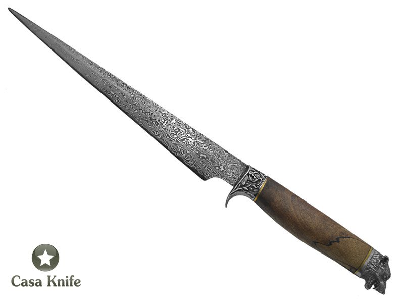 Faca Sangradeira Montecristo para colecionador em aço damasco. Empunhadura em Platano estabilizado, 42 cm