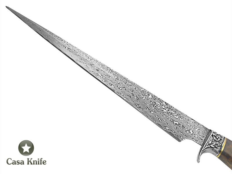 Faca Sangradeira Montecristo para colecionador em aço damasco. Empunhadura em Platano estabilizado, 42 cm