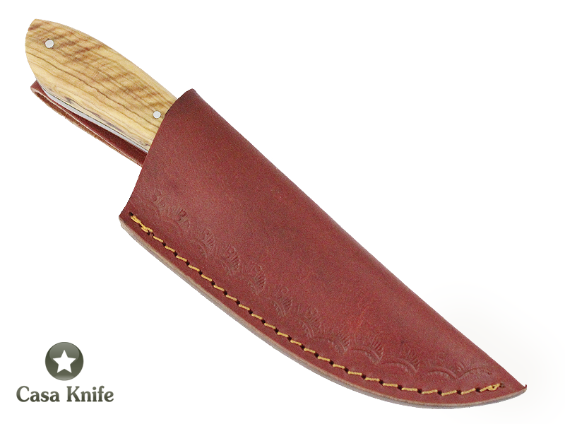 Faca Skinner para colecionador forjado em Aço Damasco. Empunhadura em Oliveira, 21 cm