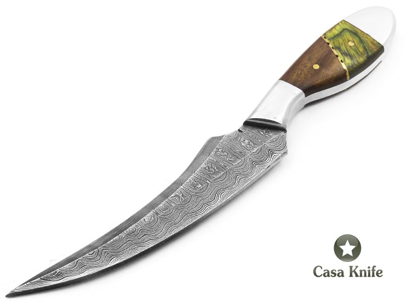 Faca Skinning para colecionador em aço damasco com empunhadura em osso e madeira estabilizada 20 cm
