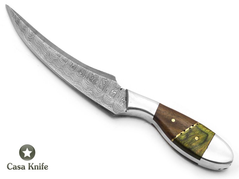 Faca Skinning para colecionador em aço damasco com empunhadura em osso e madeira estabilizada 20 cm