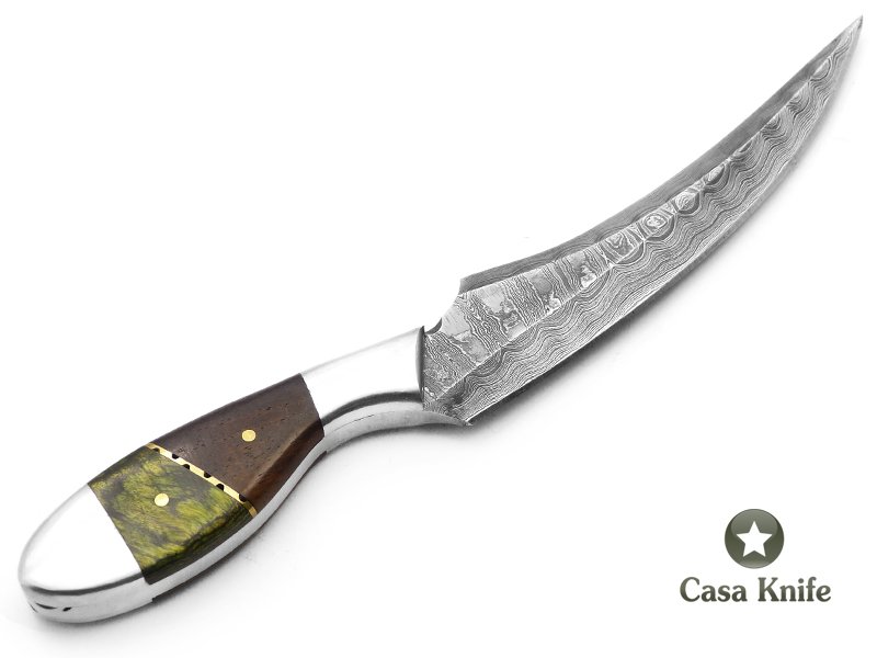 Faca Skinning para colecionador em aço damasco com empunhadura em osso e madeira estabilizada 20 cm