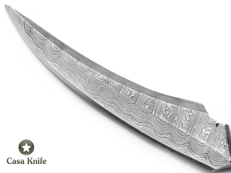 Faca Skinning para colecionador em aço damasco com empunhadura em osso e madeira estabilizada 20 cm