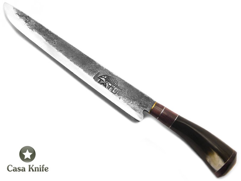 Faca Tatú para colecionador em aço carbono com empunhadura em osso e madeira 37 cm