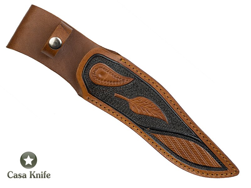 Faca Bowie para colecionador em aço D2 com empunhadura em radica de roseira esculpida, 32 cm