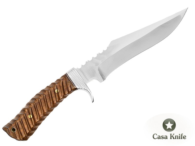 Faca Bowie para colecionador em aço D2 com empunhadura em radica de roseira esculpida, 32 cm