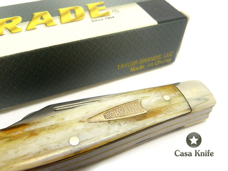Imperial Schrade Canivete com três lâminas em aço inoxidável e empunhadura em celulóide imitando chifre de carneiro 22 cm