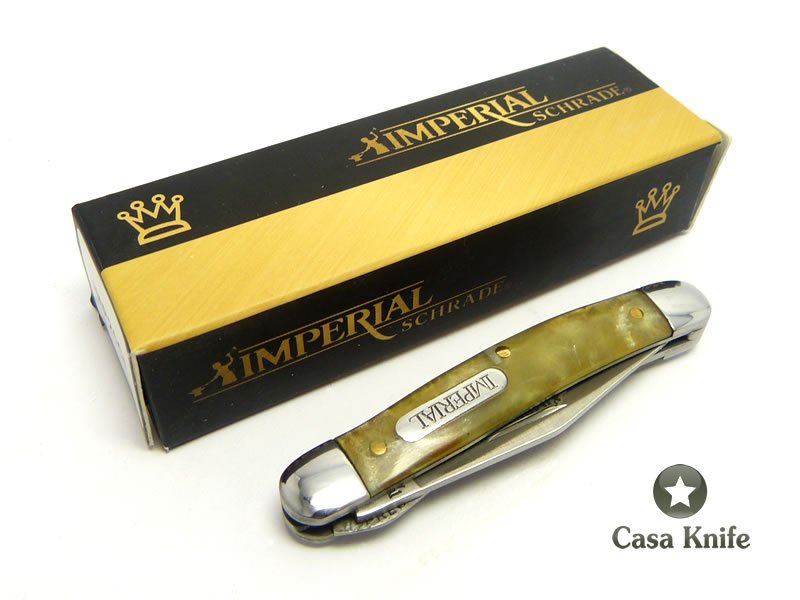 Imperial Schrade Canivete com uma lâmina em aço inoxidável e empunhadura em celulóide imitando chifre de carneiro 12 cm