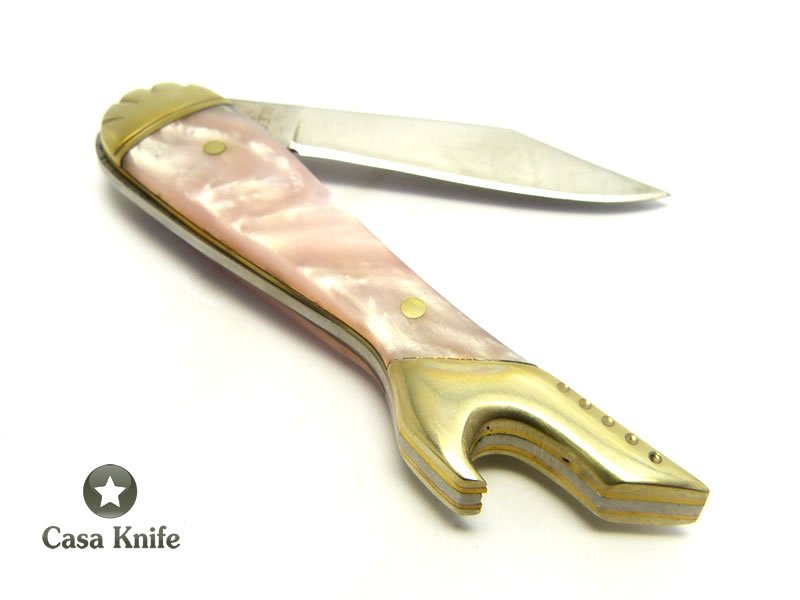 Imperial Schrade canivete com uma lâmina em aço inoxidável e empunhadura em celulóide rosa 13 cm