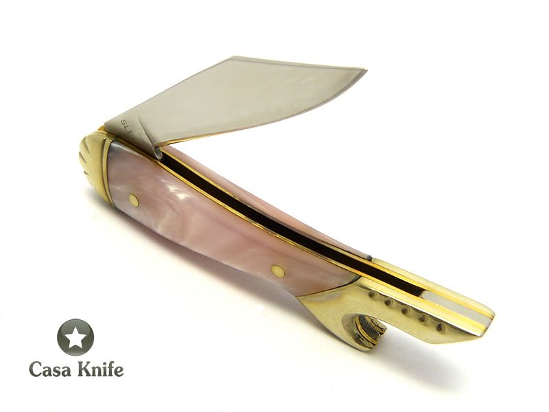 Imperial Schrade canivete com uma lâmina em aço inoxidável e empunhadura em celulóide rosa 13 cm