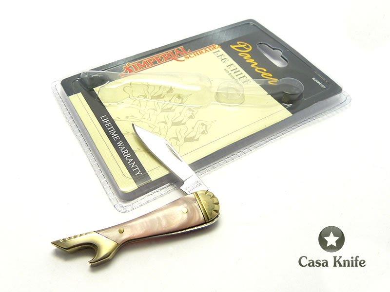 Imperial Schrade canivete com uma lâmina em aço inoxidável e empunhadura em celulóide rosa 13 cm