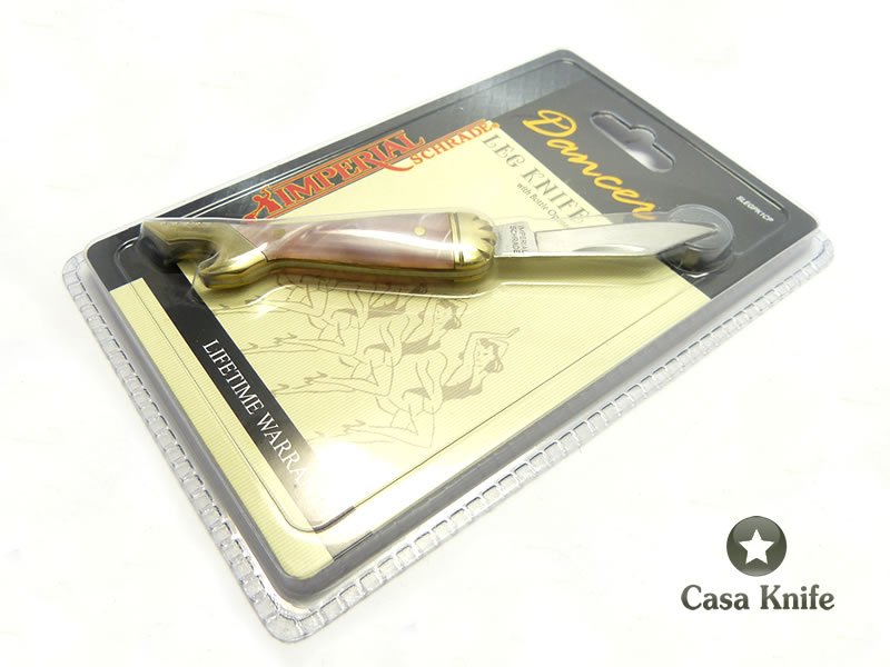 Imperial Schrade canivete com uma lâmina em aço inoxidável e empunhadura em celulóide rosa 13 cm