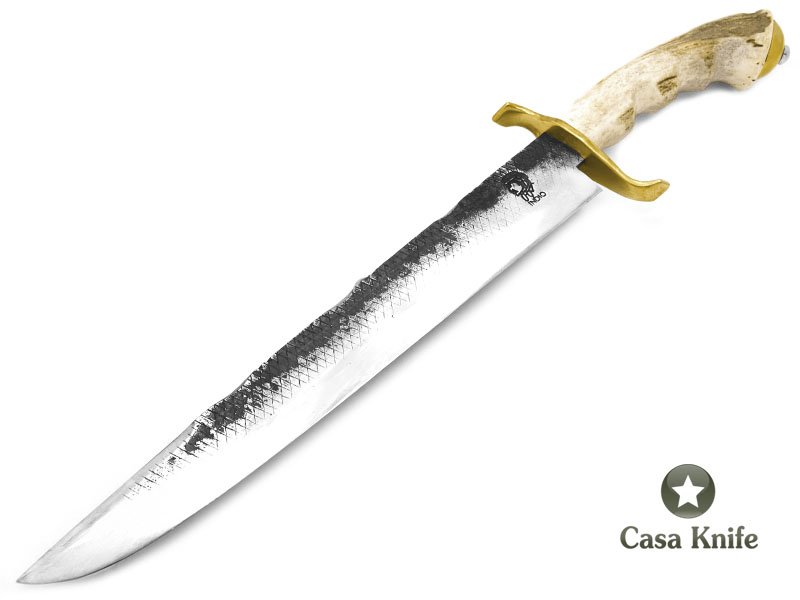 Indio faca Javalizeira para colecionador em aço carbono - Lima Grosa com empunhadura em chifre de cervo e bronze 45 cm
