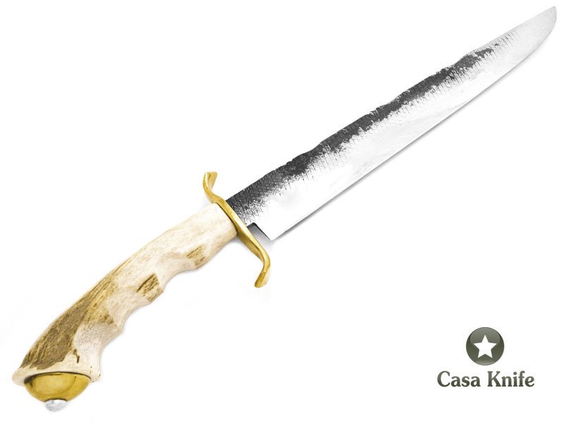 Indio faca Javalizeira para colecionador em aço carbono - Lima Grosa com empunhadura em chifre de cervo e bronze 45 cm