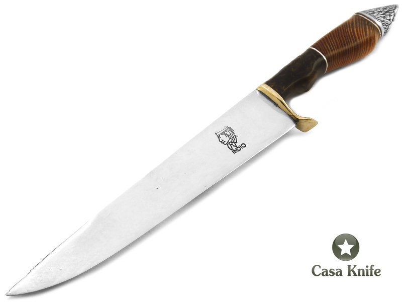 Indio faca para colecionador em aço carbono com empunhadura em madeira de pinho riga e alumilite 34 cm