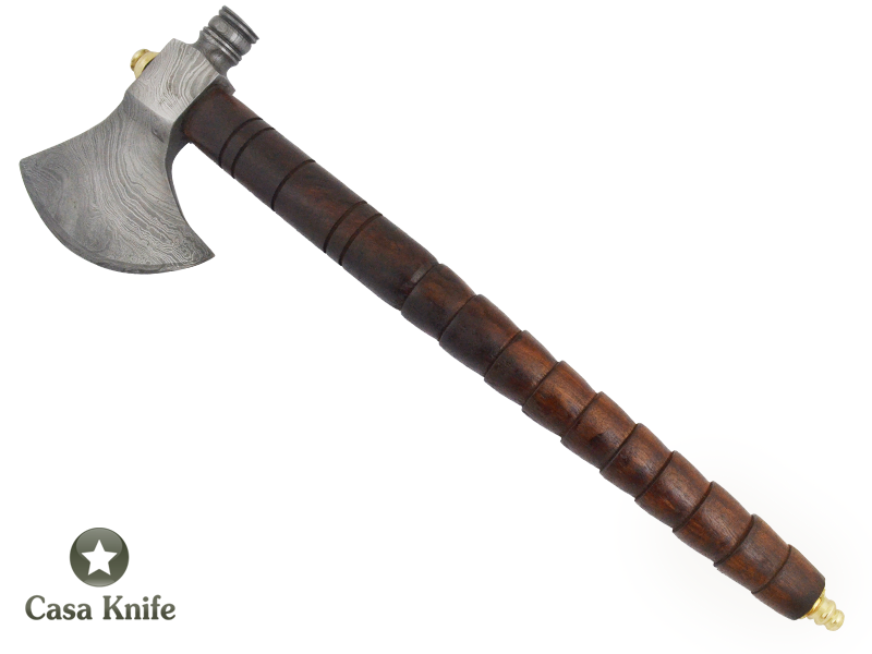 Machado Tomahawk pipe para colecionador em aço damasco com empunhadura em madeira de Jacarandá da Bahia, 49cm