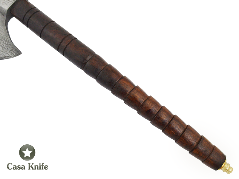 Machado Tomahawk pipe para colecionador em aço damasco com empunhadura em madeira de Jacarandá da Bahia, 49cm