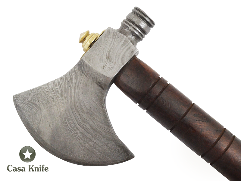 Machado Tomahawk pipe para colecionador em aço damasco com empunhadura em madeira de Jacarandá da Bahia, 49cm