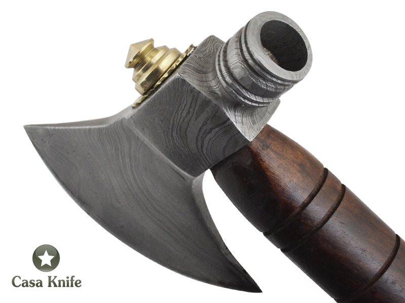 Machado Tomahawk pipe para colecionador em aço damasco com empunhadura em madeira de Jacarandá da Bahia, 49cm