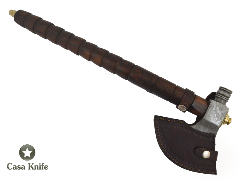 Machado Tomahawk pipe para colecionador em aço damasco com empunhadura em madeira de Jacarandá da Bahia, 49cm