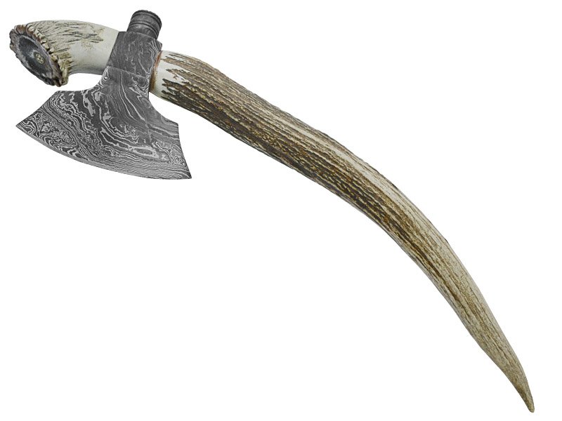 Machado Tomahawk para colecionador em aço damasco. Empunhadura chifre de servo com roseta, 49 cm