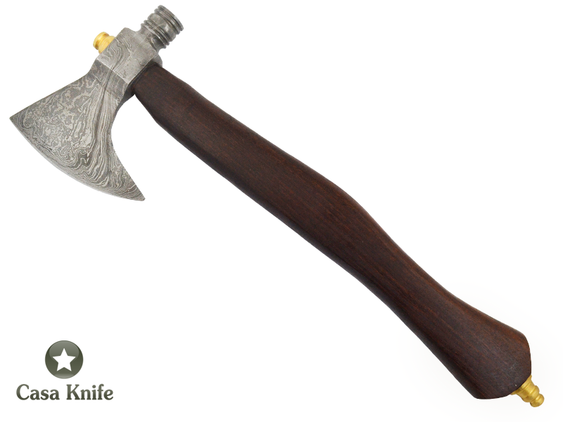 Machado Tomahawk Pipe para colecionador em aço damasco com empunhadura em madeira de jacarandá da Bahia, 44 cm