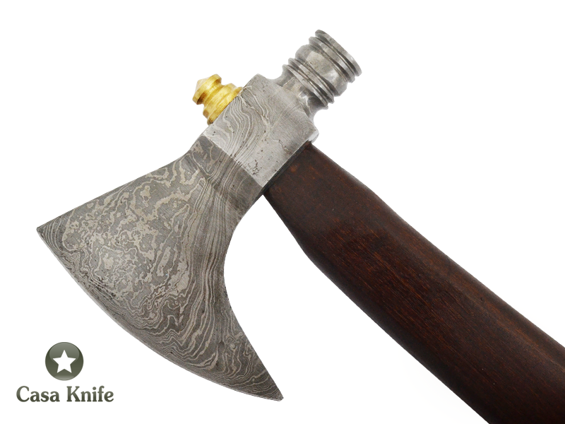 Machado Tomahawk Pipe para colecionador em aço damasco com empunhadura em madeira de jacarandá da Bahia, 44 cm