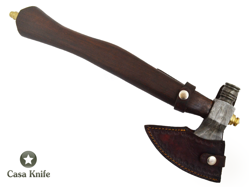 Machado Tomahawk Pipe para colecionador em aço damasco com empunhadura em madeira de jacarandá da Bahia, 44 cm