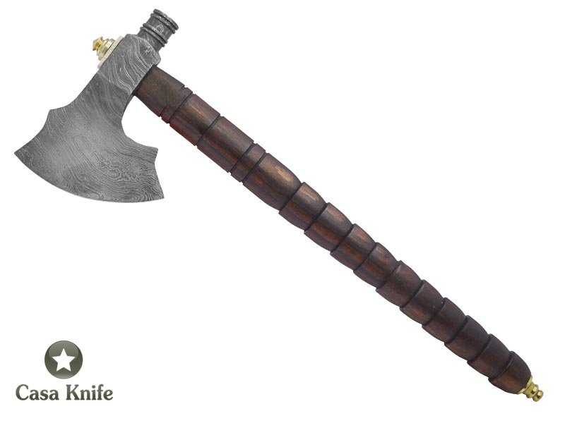 Machado Tomahawk pipe para colecionador em aço damasco com empunhadura em madeira de Jacarandá da Bahia, 49cm