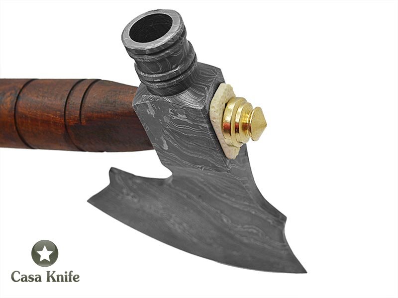 Machado Tomahawk pipe para colecionador em aço damasco com empunhadura em madeira de Jacarandá da Bahia, 49cm