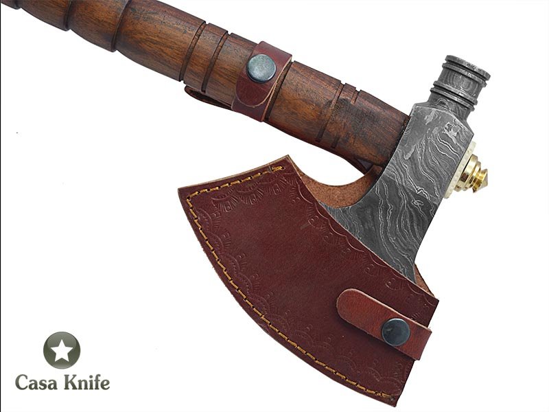 Machado Tomahawk pipe para colecionador em aço damasco com empunhadura em madeira de Jacarandá da Bahia, 49cm