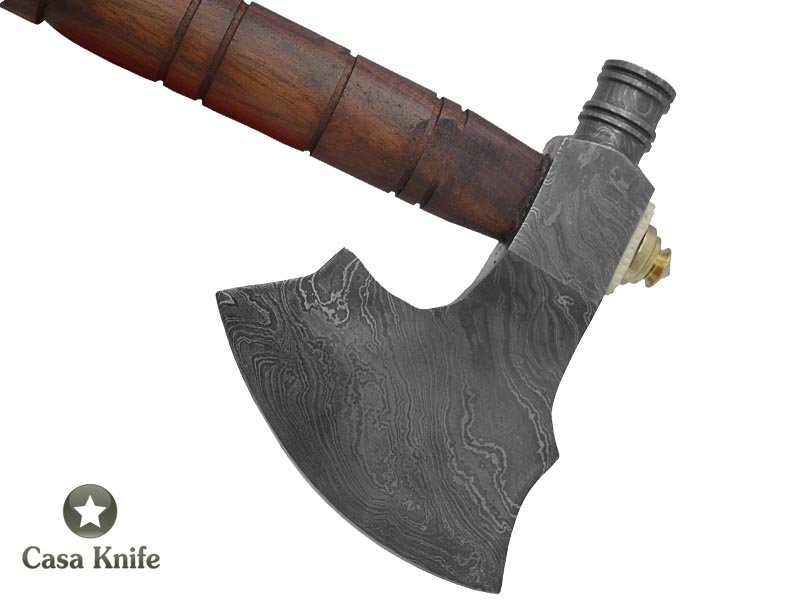 Machado Tomahawk pipe para colecionador em aço damasco com empunhadura em madeira de Jacarandá da Bahia, 49cm