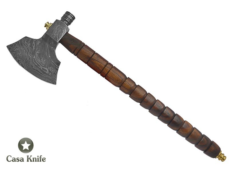 Machado Tomahawk pipe para colecionador em aço damasco com empunhadura em madeira de Jacarandá da Bahia, 53cm