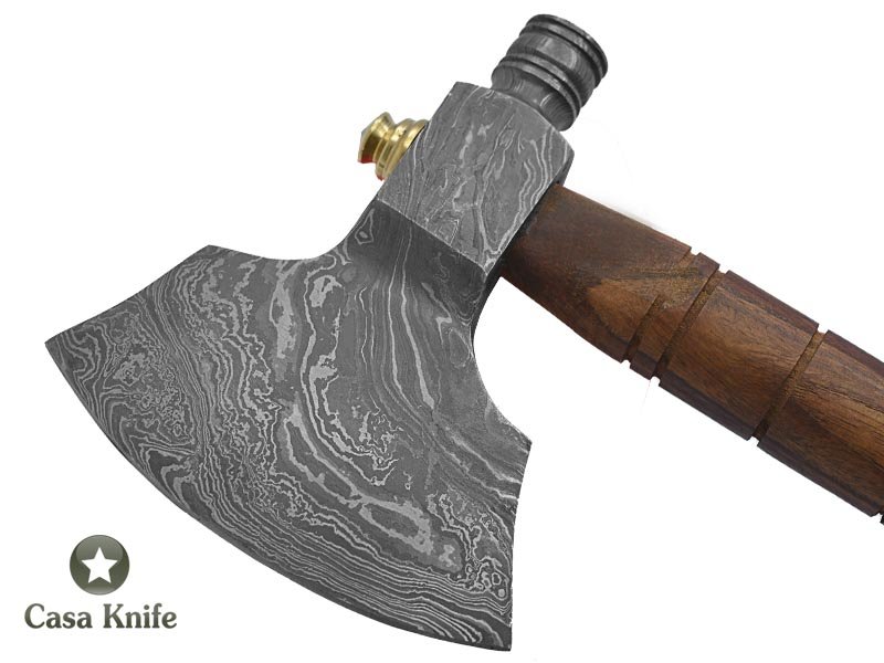 Machado Tomahawk pipe para colecionador em aço damasco com empunhadura em madeira de Jacarandá da Bahia, 53cm