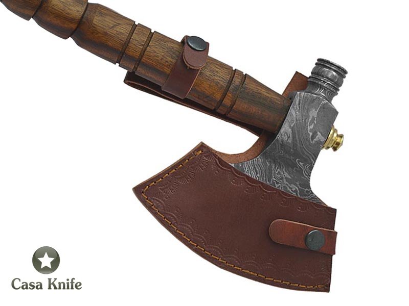 Machado Tomahawk pipe para colecionador em aço damasco com empunhadura em madeira de Jacarandá da Bahia, 53cm