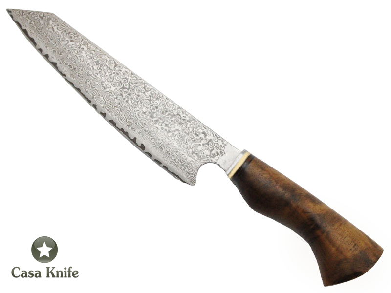 Magnifica faca Santoku para colecionador forjada em Aço Damasco VG10, com 67 camadas, Empunhadura em Rádica de Roseira, 33 cm