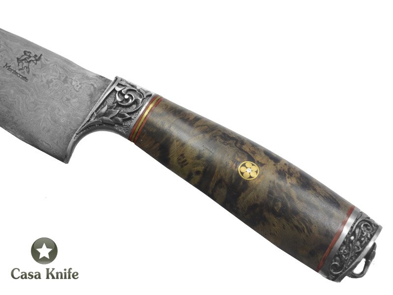 Monte Cristo Faca Cheff para colecionador forjado em aço damasco, empunhadura em Spalted Plantano estabilizado, 33 cm
